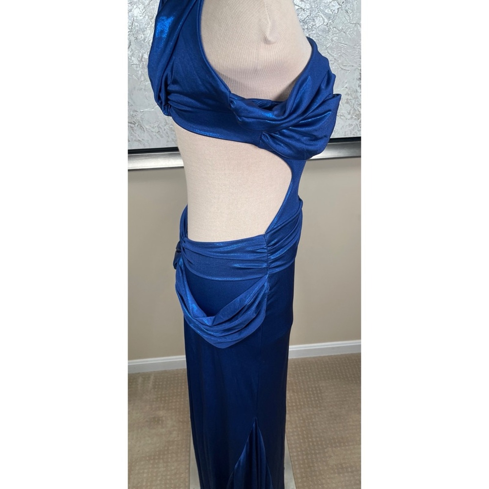 Di Petsa Moonlight Off The Shoulder Ruched Cutout Metallic Blue Maxi Dress Sz M — image 6 of 8